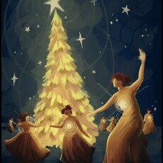 Women dancing around a Christmas tree with hearts glowing as stars