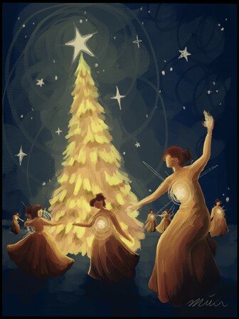 Women dancing around a Christmas tree with hearts glowing as stars