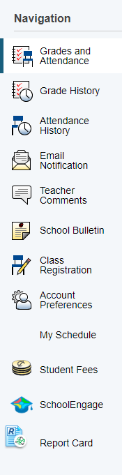 PowerSchool Student/Parent Portal Navigation menu