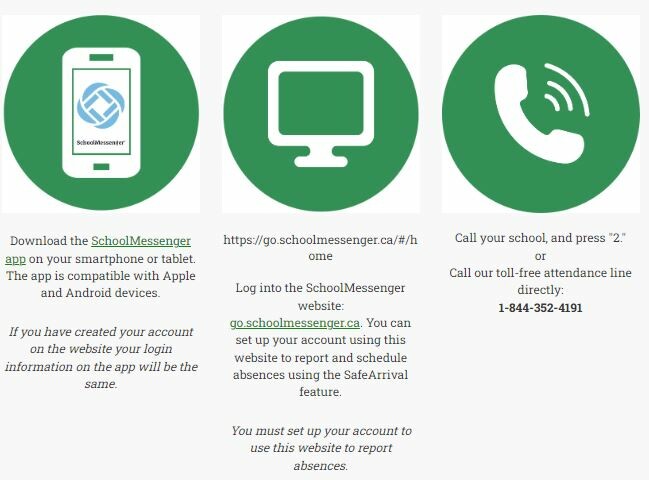 Table of 3 icons tell you how to report report an absence: Phone, Website and App. go to go.schoolmessenger.com